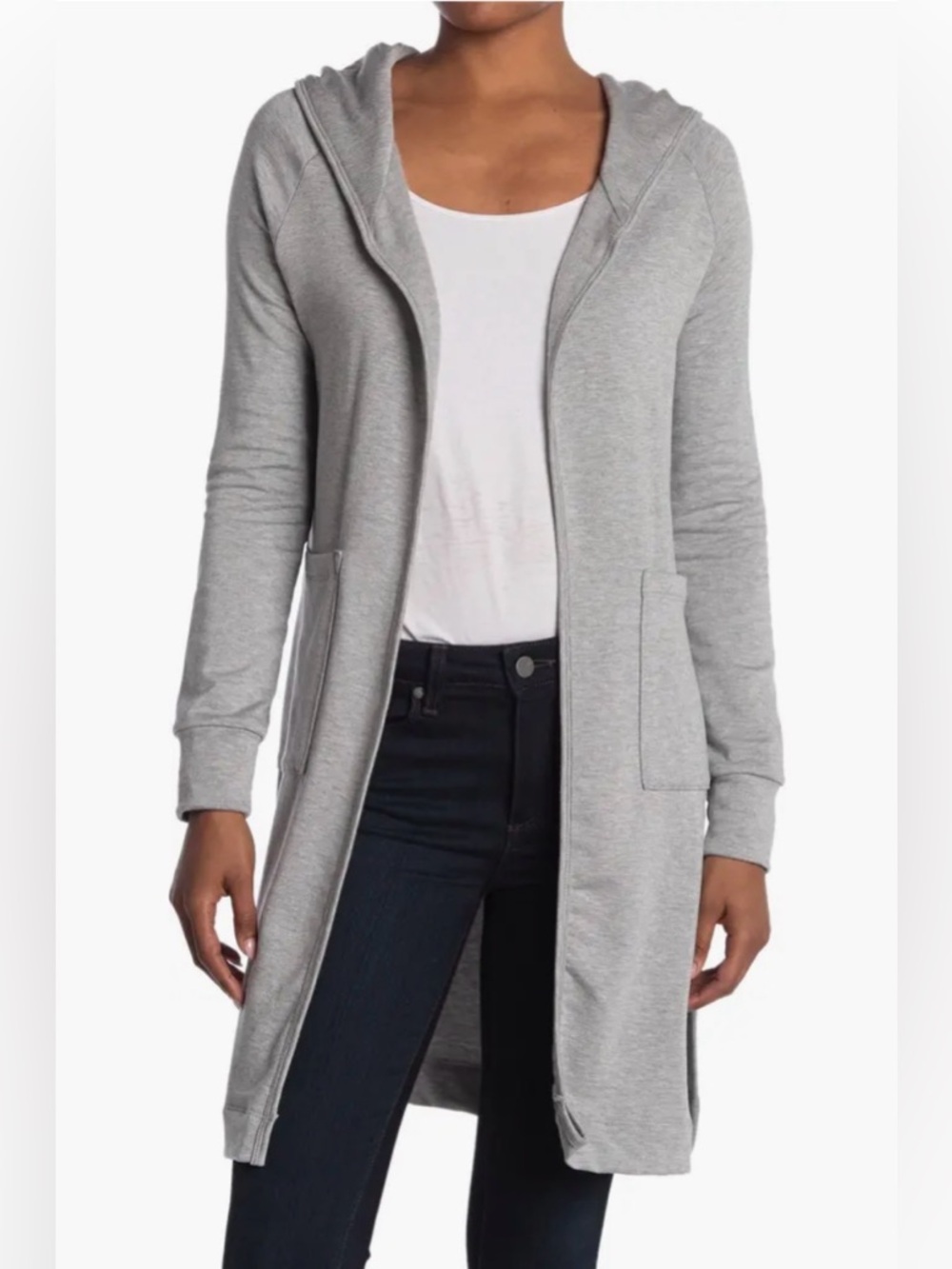 Go Couture Light Gray Knit Hooded Long Sleeve Open Duster Cardigan Sz XL Comfort